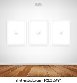 Empty photo frame or picture frame background in room space area with white wall background and wooden floor. Vector idea for room design and interior decoration.