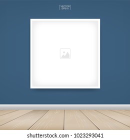 Empty photo frame or picture frame background in room space area with concrete wall background and wooden floor. Vector idea for room design and interior decoration.
