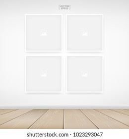 Empty photo frame or picture frame background in room space area with concrete wall background and wooden floor. Vector idea for room design and interior decoration.