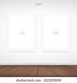 Empty photo frame or picture frame background in room space area with concrete wall background and wooden floor. Vector idea for room design and interior decoration.