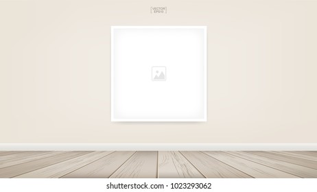 Empty photo frame or picture frame background in room space area with concrete wall background and wooden floor. Vector idea for room design and interior decoration.