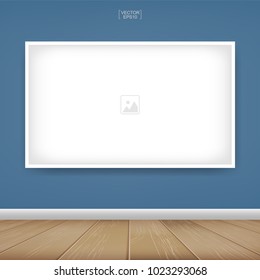 Empty photo frame or picture frame background in room space area with concrete wall background and wooden floor. Vector idea for room design and interior decoration.