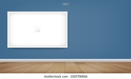 Empty photo frame or picture frame background in room space area with blue wall background and wooden floor. Vector illustration.