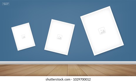 Empty photo frame or picture frame background in room space area with blue wall background and wooden floor. Vector illustration.