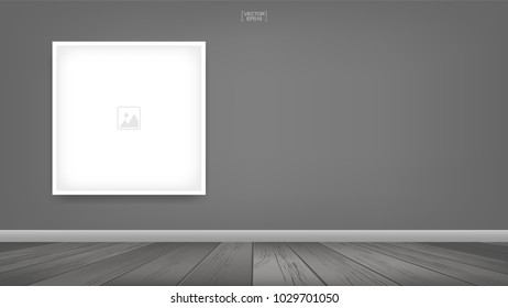Empty photo frame or picture frame background in room space area with gray concrete wall background and wooden floor. Vector illustration.