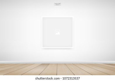 Empty photo frame or picture frame in wooden room space and white wall background. Vector illustration.