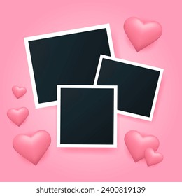 Empty photo frame pictures with pink heart. Decoration realistic hearts love, romantic greeting card. Valentine's day design. Vector illustration 