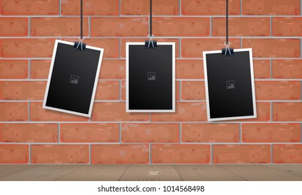 Empty photo frame set on red brick wall texture background. Vintage background. Vector illustration.