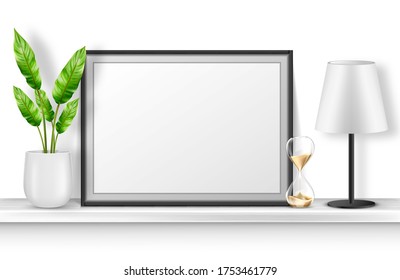 Empty photo frame stand on white shelf with potted plant, hourglass and table lamp, home interior decor with blank place for picture and black border. Realistic 3d vector bookshelf with accessories