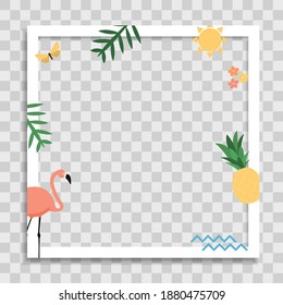 Empty Photo Frame Template with Palm Leaves, Pink Flamingo and Pineapple for Media Post  in Social Network. Vector Illustration