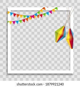 Empty Photo Frame Template with party Flags for Media Post  in Social Network. Vector Illustration
