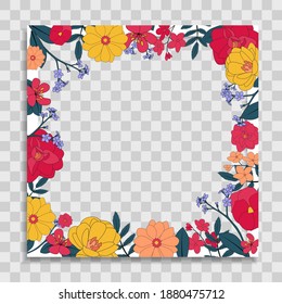 Empty Photo Frame Template with Spring Flowers for Media Post  in Social Network. Vector Illustration