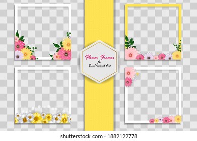 Plantilla de marco fotográfico vacía con flores de primavera ajustadas para publicación de medios en red social. Ilustración vectorial