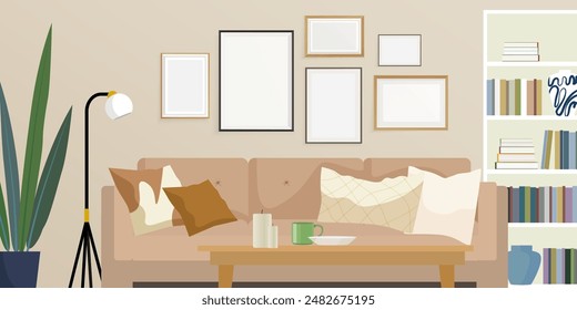 Empty photo frames in interior with beige sofa and side table. Horizontal cozy interior with a mock-up pictures on the wall. Vector illustration.