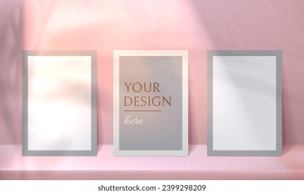 Empty photo frames mockup and background with tropical palm leaves shadow overlay. Vertical template poster, blank on pink backdrop with sunlight from window and shades of plants foliage on wall.