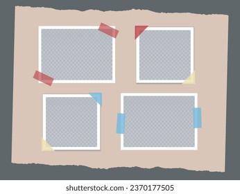 Empty photo frames with multicoloured sticky tape and corners. Set of square and horizontal photo cards on torn beige background. Vector realistic Mockup. EPS10.