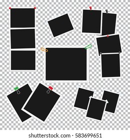 Empty photo frames pinned, clipped and taped on transparent background vectors set. Cards or reminders templates attached with pushpins, paperclips and scotch tape illustrations collection