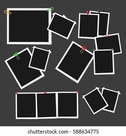 Empty photo frames pinned, clipped and taped on dark background vectors set. Cards or reminders templates attached with pushpins, paperclips and scotch tape illustrations collection