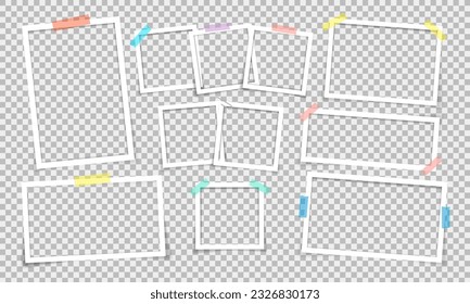 Empty photo frames with shadow effects. Vector Photo frame mockup design. Super set photo frame on sticky tape isolated on transparent background. Vector illustration.