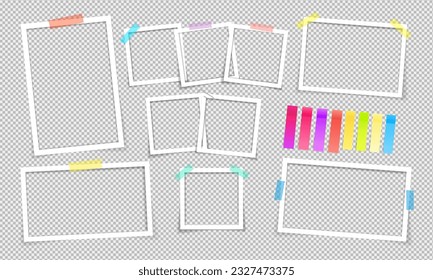 Empty photo frames with shadow effects. A photo frame with tape of different colors and a paper clip. Vintage photo frame for your photo. Vector illustration in realistic style.