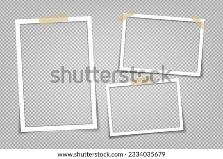 Empty photo frames with shadow effects. Vector Photo frame mockup design. Super set photo frame on sticky tape isolated on transparent background. Vector illustration.