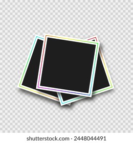 Empty photo frames stack isolated on transparent bg. Realistic vector objects. Modern photo frames with shadow and rgb contour line.