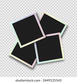 Empty photo frames stack isolated on transparent bg. Realistic vector objects. Modern photo frames with shadow and rgb contour line.