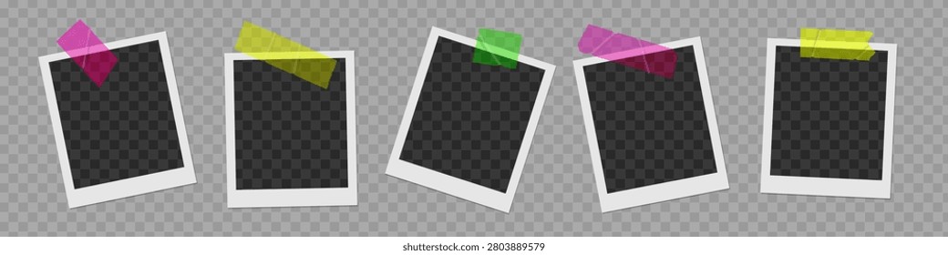 Empty photo frames with transparent colorful tape vector collection, isolated blank snapshots and sticky strips for overlaying your pictures in digital scrapbooking, memory albums and social media posts