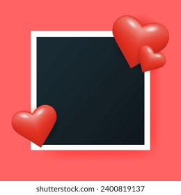 Empty photo picture frame with 3d red heart. Love, romantic greeting card template. Valentine's day design. Vector illustration 