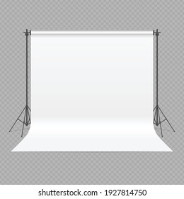 Empty photo studio concept. 3D template mock up in realistic style isolated on transparent background. Backdrop stand with white paper. Art Studio interior. Vector illustration EPS10. 