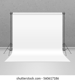 Empty photo studio concept. 3D template mock up in realistic style in gray background. Backdrop stand (tripods) with white paper. Art Studio interior. Vector illustration EPS10. 