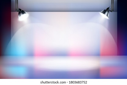 Empty photo studio. Free space for advertising or product display. Show on the stage. Colorful background. Vector illustration.