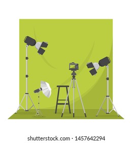 Empty photo studio with green background. Photography equipment, camera and spotlight. Isolated vector illustration in cartoon style