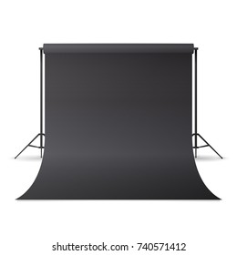 Empty Photo Studio Hromakey Vector. Modern Photo Studio. Black Backdrop Stand Tripods. Isolated Illustration
