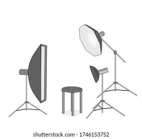 Empty photo studio with lighting equipment. equipment for a photo studio. workplace of the photographer. vector illustration