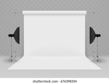 Empty photo studio with lighting equipment isolated on transparent background. Vector illustration. Eps 10.