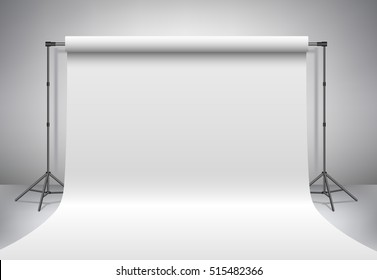 Empty photo studio. Realistic 3D template mock up. Backdrop stand (tripods) with white paper backdrop. Gray background. Vector illustration.