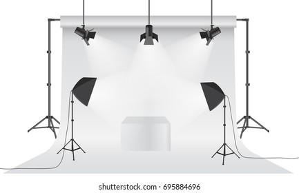 Empty photo studio. Realistic 3D white backdrop paper with tripod mock up design. Gray background. Vector illustration.