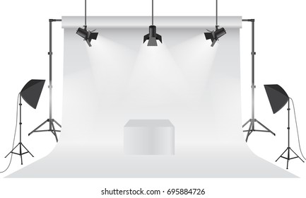 Empty photo studio. Realistic 3D white backdrop paper with tripod mock up design. Gray background. Vector illustration.