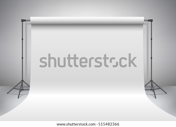 空の写真スタジオ リアルな3dテンプレートのモックアップ 白い紙の背景に背景スタンド 三脚 グレイの背景 ベクターイラスト のベクター画像素材 ロイヤリティフリー