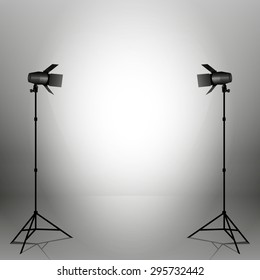 Empty photo studio with spotlights. Vector illustration. Grey backdrop. 