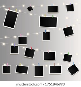 empty photos on garland with clothespins on wall vector illustration