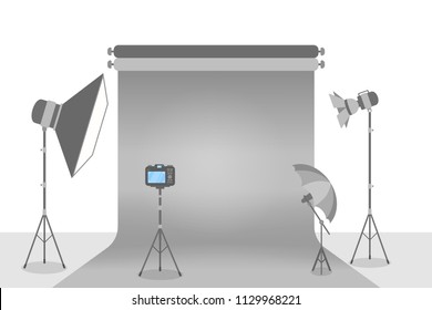 Empty photostudio with various equipment for photoshoots. Camera, softbox, decoration and spotlights. Isolated flat vector illustration