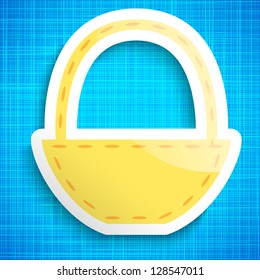 Empty picnic basket icon on blue cloth background. Vector illustration for business design. Paper yellow wicker basket with realistic shadow and shine.