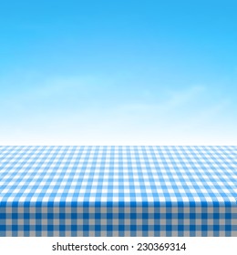 Empty picnic table covered with blue checkered tablecloth. Vector.