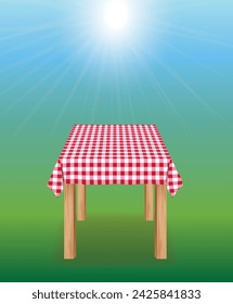 Empty picnic table with tablecloth outside, vector