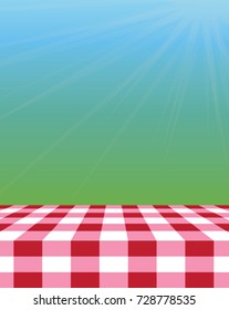 Empty picnic tablecloth outside 
