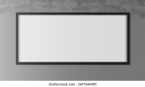 Empty picture in a black frame. Realistic large painting on a concrete wall. Vector image.