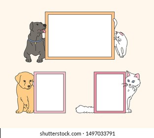 An empty picture frame and a cute pet are sitting beside it. hand drawn style vector design illustrations. 