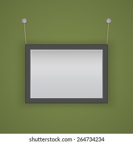 Empty picture frame hanging on green background. Vector illustration. 
